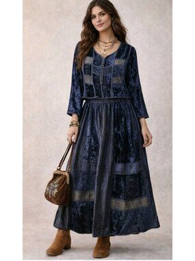 Vintage Marisol 2 Pc Blouse And Maxi Skirt Velvet Burnout Patchwork Size Large M